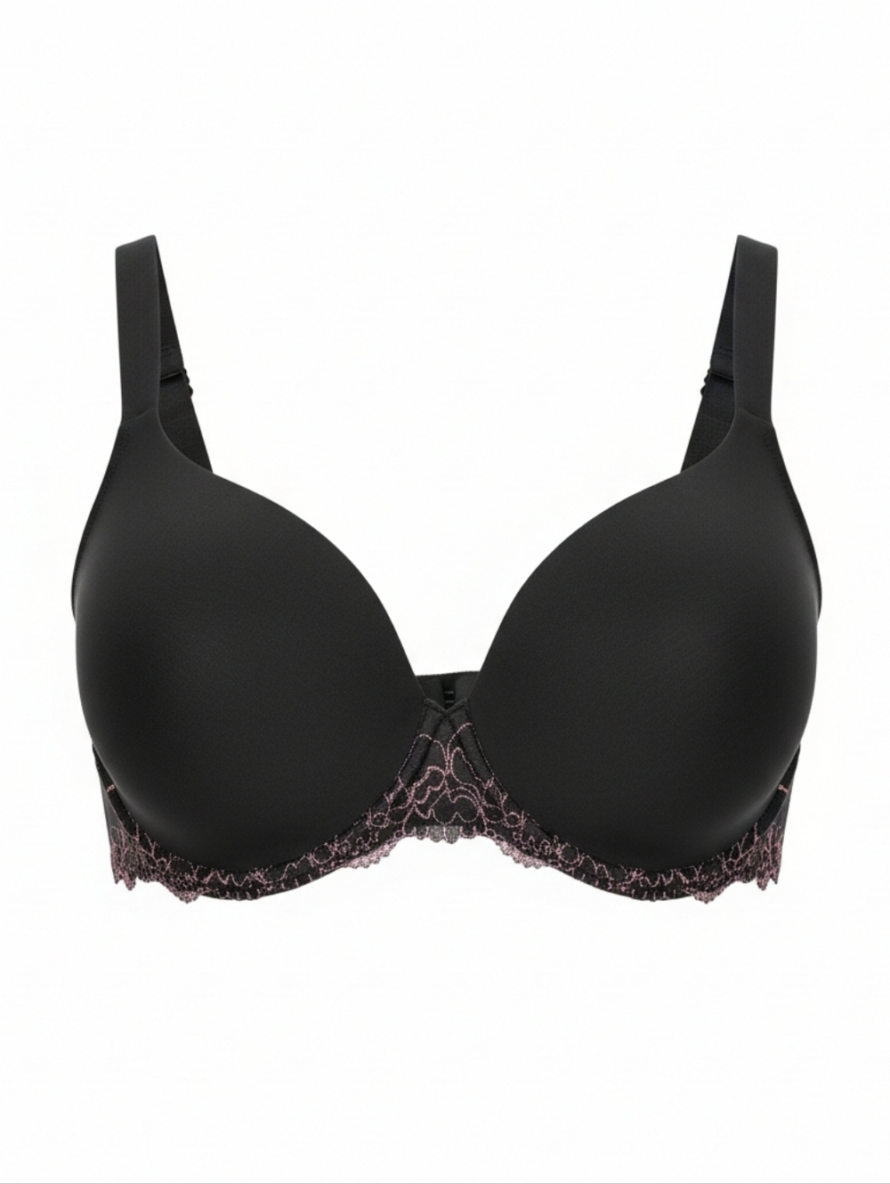 Cacique 44DD Black Full Coverage T-Shirt Bra Pink‎ Embroidered Lace Underwire